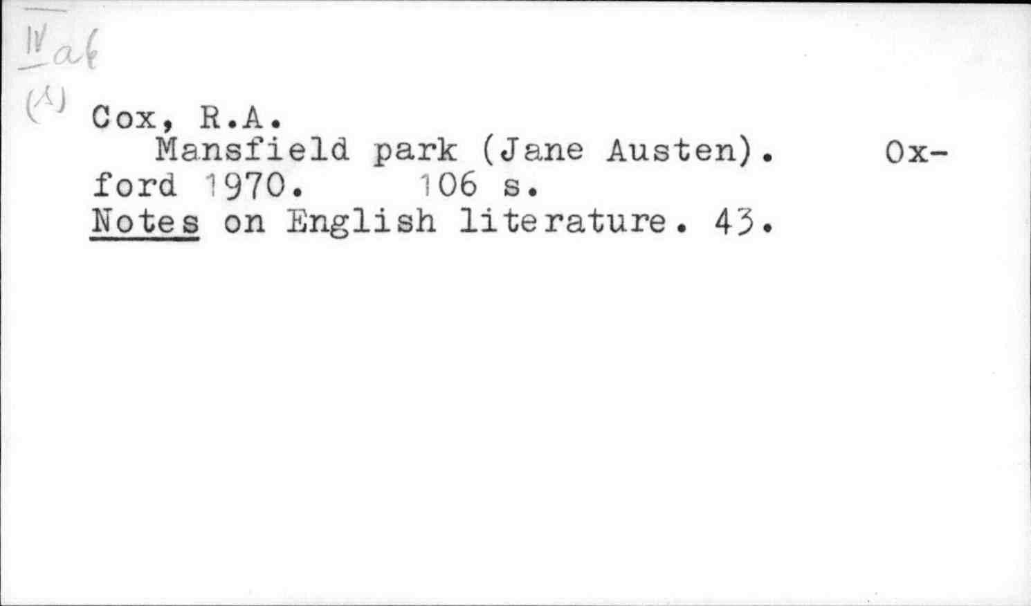 R.A Cox: Mansfield park (Jane Austen). (Hardcover, 1970)